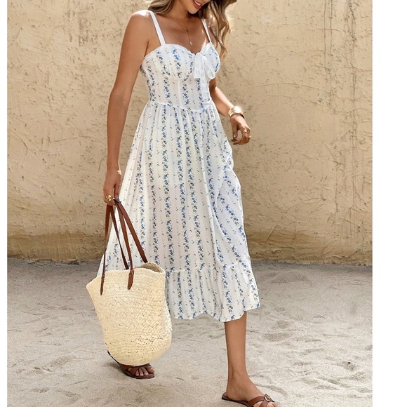 Boho Floral Print Front Tie Ruffle Hem Midi Dress - Picture 1 of 5